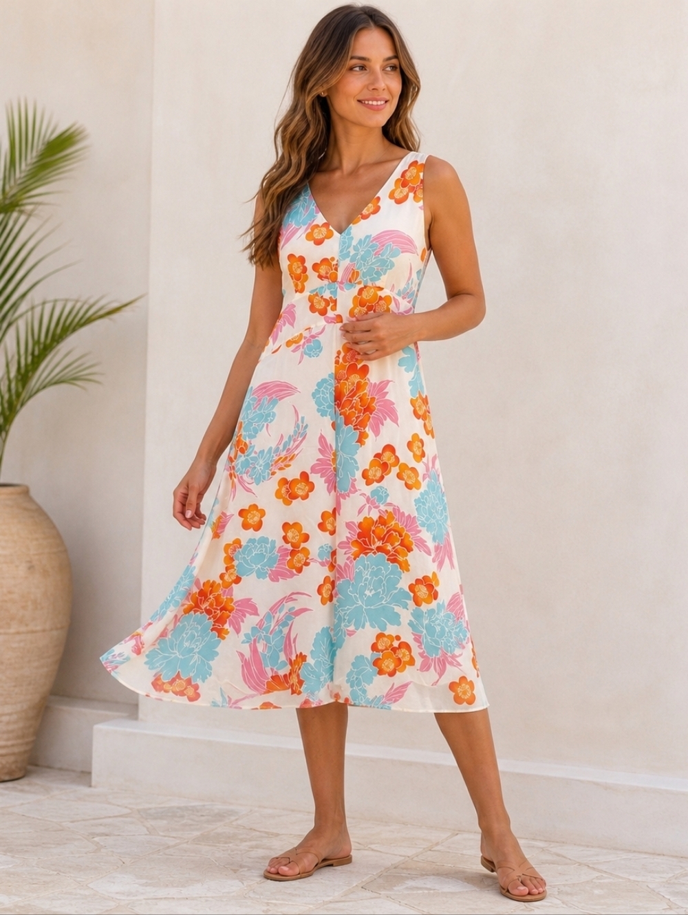 Laurel Floral Midi Dress Womens 42 L White Orange Blue Sleeveless Summer Lined